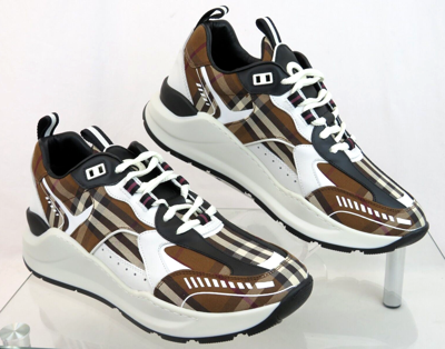 Pre-owned Burberry $870  Sean Brown Check Canvas White Black Leather Logo Sneakers 42 Us 9