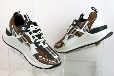 Pre-owned Burberry $870  Sean Brown Check Canvas White Black Leather Logo Sneakers 42 Us 9