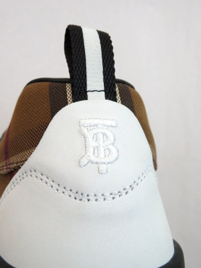 Pre-owned Burberry $870  Sean Brown Check Canvas White Black Leather Logo Sneakers 42 Us 9