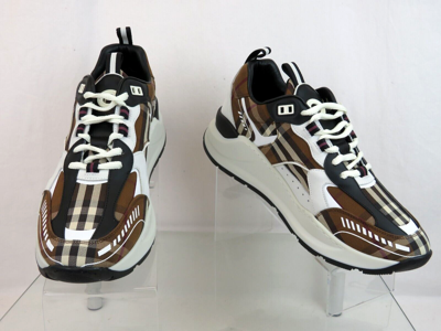 Pre-owned Burberry $870  Sean Brown Check Canvas White Black Leather Logo Sneakers 42 Us 9