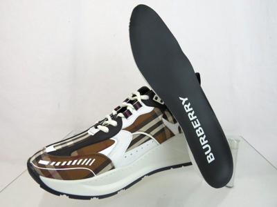 Pre-owned Burberry $870  Sean Brown Check Canvas White Black Leather Logo Sneakers 42 Us 9
