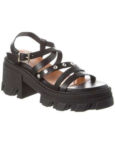 Shop Ganni Cleated Strappy Leather Sandal In Black