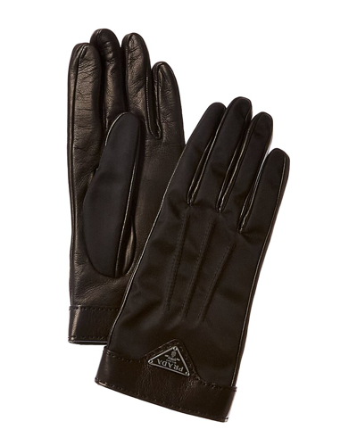 Shop Prada Logo Cashmere-lined Leather Gloves In Black