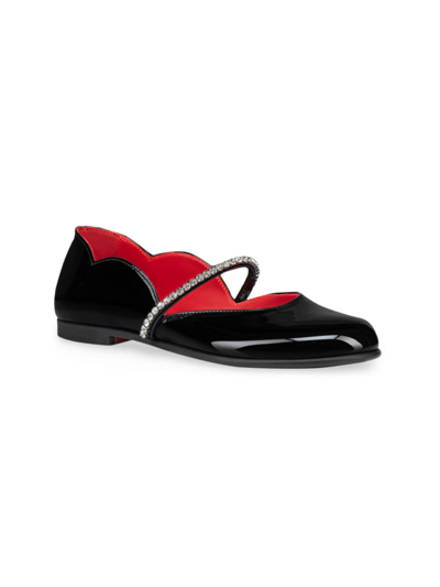 Shop Christian Louboutin Girl's Chickistrass Patent Leather & Crystals Flats In Black