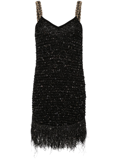 Shop Balmain Fringed Tweed Short Dress In Black