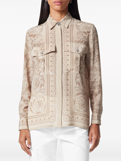 Shop Versace Women Informal Shirt Baroque Print Crepe De Chine Fabric In 5k380 Sand