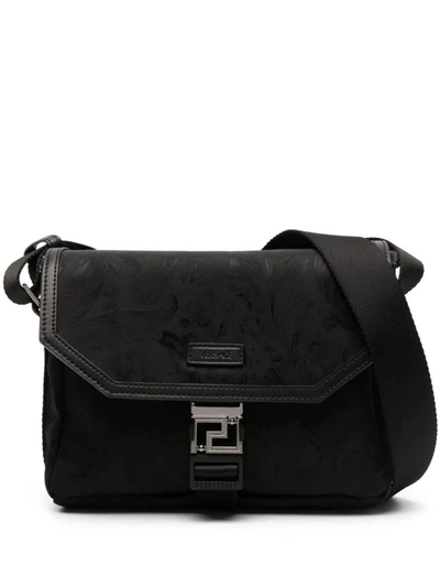 Shop Versace Messenger Fabric Nylon Baroque Bags In Black