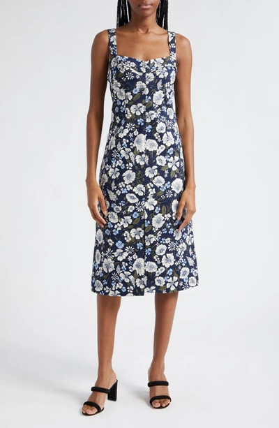 Shop Veronica Beard Colleen Floral Cotton Midi Dress In Line Floral Navy