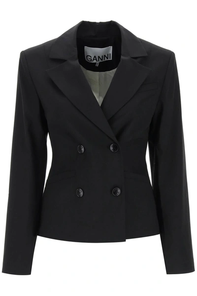 Shop Ganni Shaped Double Breasted Jacket In Black