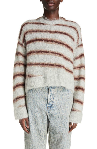Shop Acne Studios Brushed Intarsia Stripe Crewneck Sweater In Grey Melange/ Burgundy