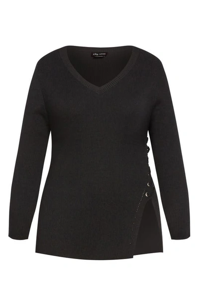 Shop City Chic Charlie Lace-up Side Rib Sweater In Black