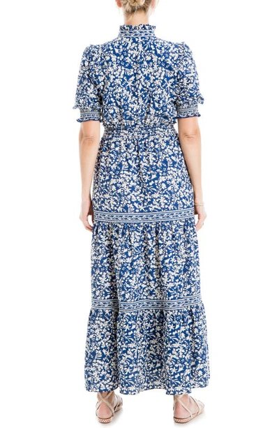 Shop Max Studio Floral Short Sleeve Tiered Maxi Dress In Blue Floral