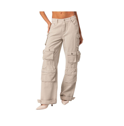Shop Edikted Women's Oversize Boyfriend Cargo Jeans With Pockets In Stone