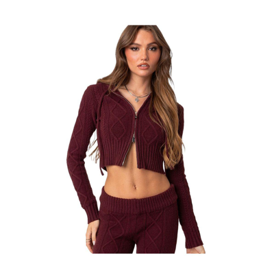 Shop Edikted Women's Ray Cable Knit Hooded Cardigan In Burgundy