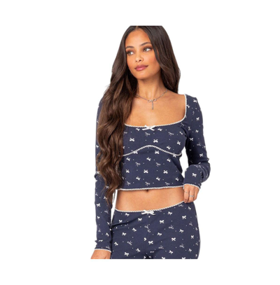 Shop Edikted Women's Bradley Bow Print Ribbed Pajama Top In Navy