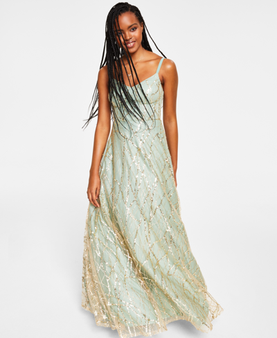 Shop Say Yes Juniors' Sequin-embellished Ball Gown, Created For Macy's In Gold,sage