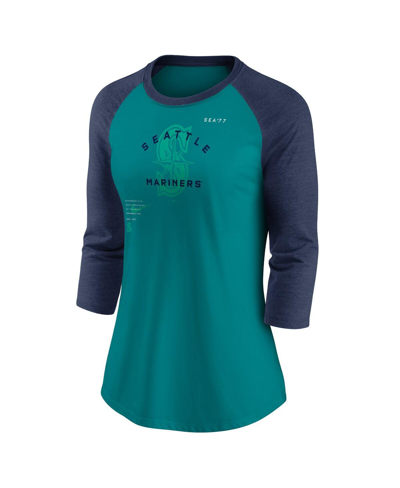 Shop Nike Women's  Aqua, Navy Seattle Mariners Next Up Tri-blend Raglan 3/4-sleeve T-shirt In Aqua,navy