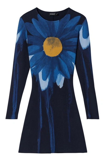 Shop Desigual Daisy Ribbed Minidress In Blue