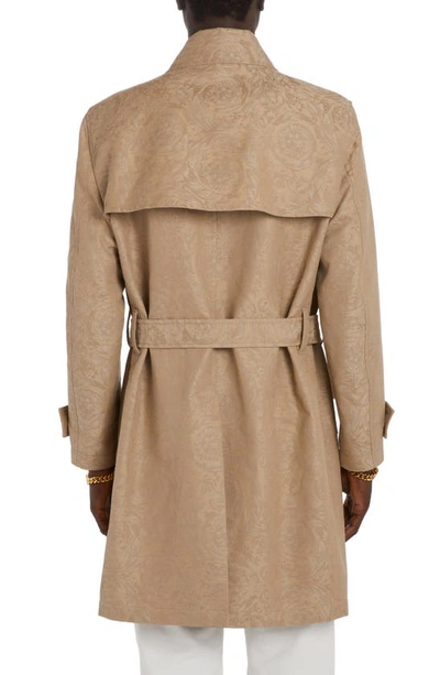 Shop Versace Barocco Jacquard Cotton Gabardine Trench Coat In Sand