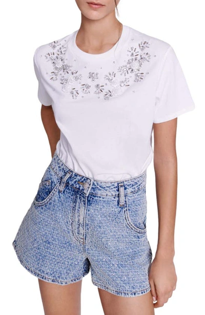 Shop Maje Floral Rhinestone Cotton T-shirt In White