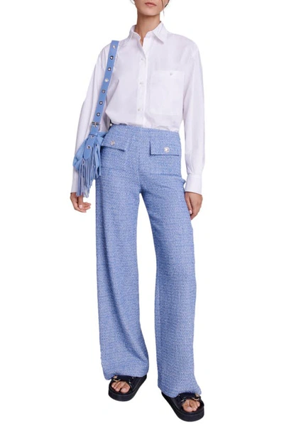 Shop Maje Pablito Cotton Blend Tweed Pants In Blue