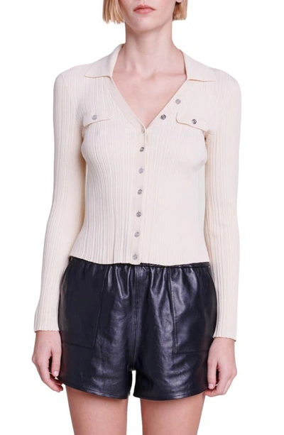 Shop Maje Mimoso Rib Button-up Sweater In Beige