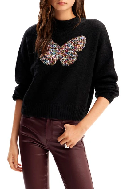 Shop Desigual Chunky Knit Butterfly Pullover In Black