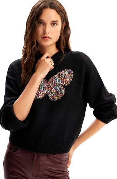 Shop Desigual Chunky Knit Butterfly Pullover In Black