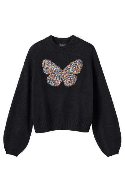 Shop Desigual Chunky Knit Butterfly Pullover In Black