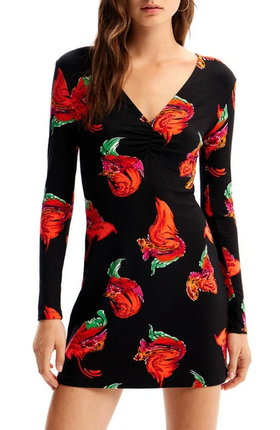 Shop Desigual Randall Floral Rib Long Sleeve Knit Dress In Black