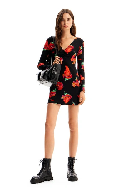 Shop Desigual Randall Floral Rib Long Sleeve Knit Dress In Black