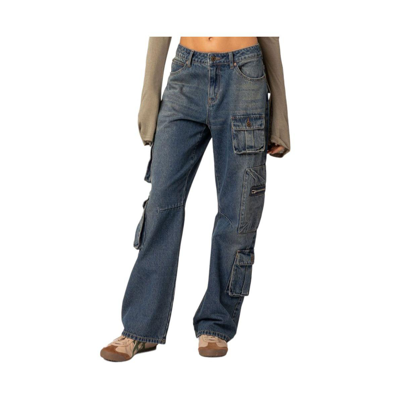 Shop Edikted Women's Baggy Boyfriend Cargo Jeans In Blue-washed