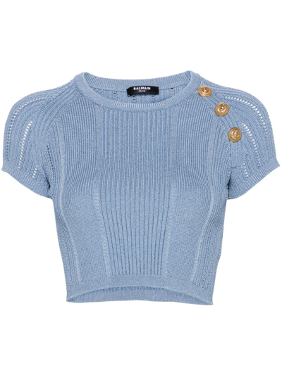 Shop Balmain Blue Fine-knit Crop Top
