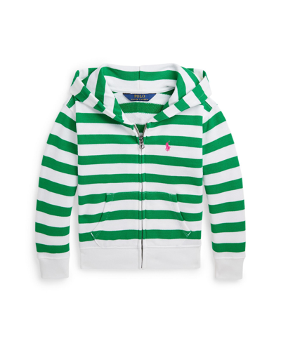 Shop Polo Ralph Lauren Toddler And Little Girls Striped Logo Terry Full-zip Hooded Sweatshirt In Preppy Green,white