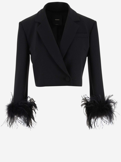 Shop Pinko Crop Jacket With Feathers In Black