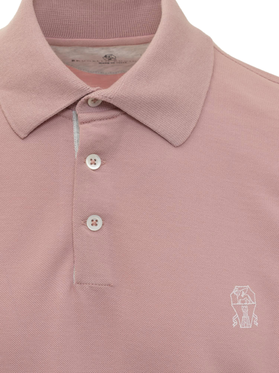 Shop Brunello Cucinelli Cotton Piquet Polo Shirt With Logo In Rosa-off White-perla