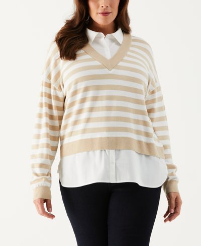 Shop Ella Rafaella Plus Size Striped Layered Long Sleeve Sweater In Wheat Heather