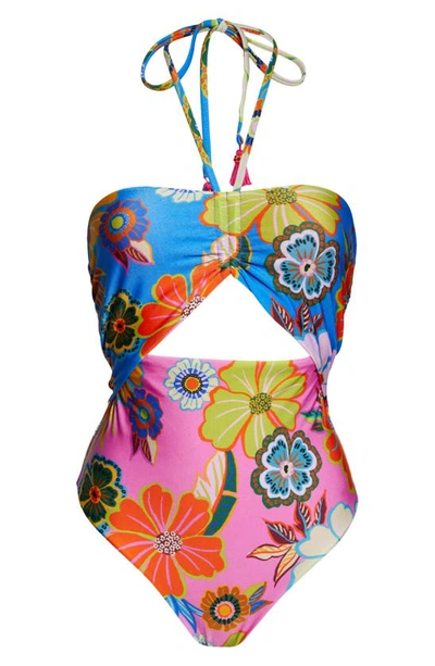 Shop Farm Rio Full Garden Halter Neck One-piece Swimsuit In Full Garden Blue/ Pink