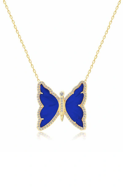 Gabi Rielle 14k Gold Plate Sterling Silver Lapis & Cz Butterfly Pendant Necklace In Gold