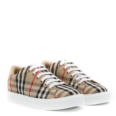 Shop Burberry Archive Beige Canvas And Leather Sneakers