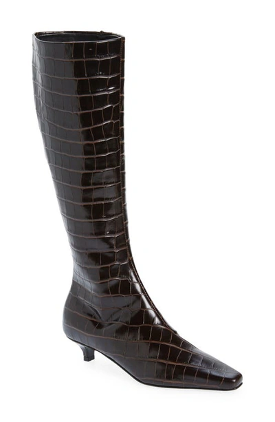 Shop Totême The Slim Croc Embossed Kitten Heel Knee High Boot In Dark Brown