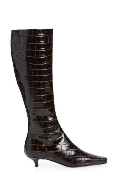 Shop Totême The Slim Croc Embossed Kitten Heel Knee High Boot In Dark Brown