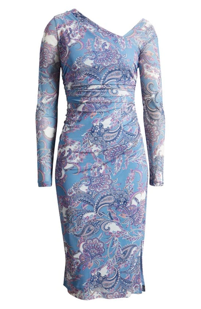 Shop Vince Camuto Print Asymmetric Neck Long Sleeve Mesh Dress In Blue