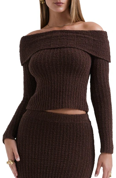 House Of Cb Saffron Rib Off The Shoulder Crop Sweater In Chocolate Brown