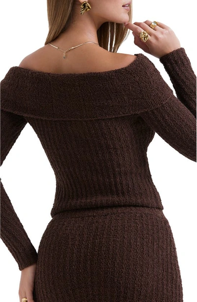 House Of Cb Saffron Rib Off The Shoulder Crop Sweater In Chocolate Brown