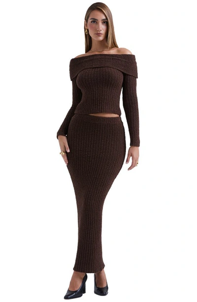House Of Cb Saffron Rib Off The Shoulder Crop Sweater In Chocolate Brown