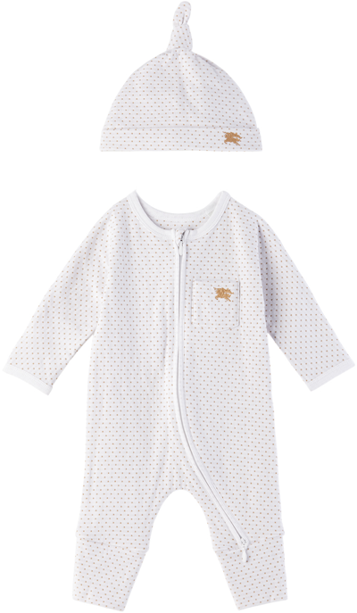 Shop Burberry Baby White Polka Dot Jumpsuit & Beanie Set In Archive Beige Ip Pat