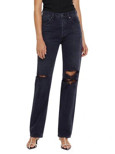 Shop Agolde Lana Womens Mid Rise Destroyed Straight Leg Jeans In Black