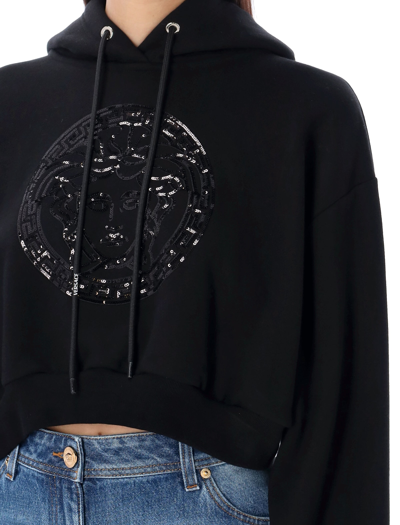 Shop Versace Embellished Medusa Crop Hoodie In Black
