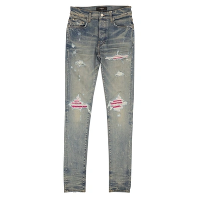 Shop Amiri Blue Cotton Mx1 Pink Panel Distressed Skinny Jeans